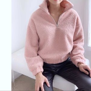 TEDDY SHEARLING BOMBER SWEATER - BLUSH